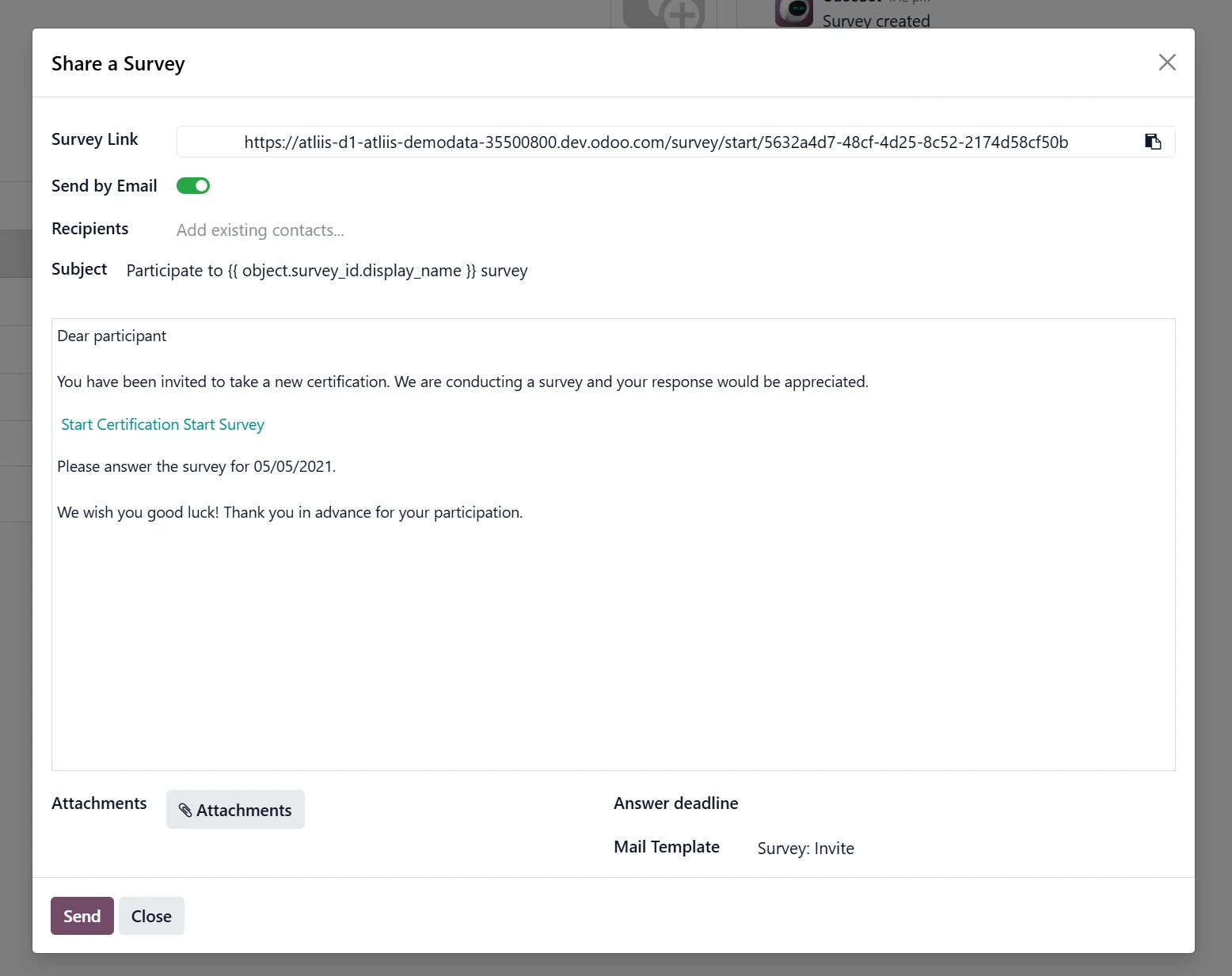 Odoo Survey Email Invite