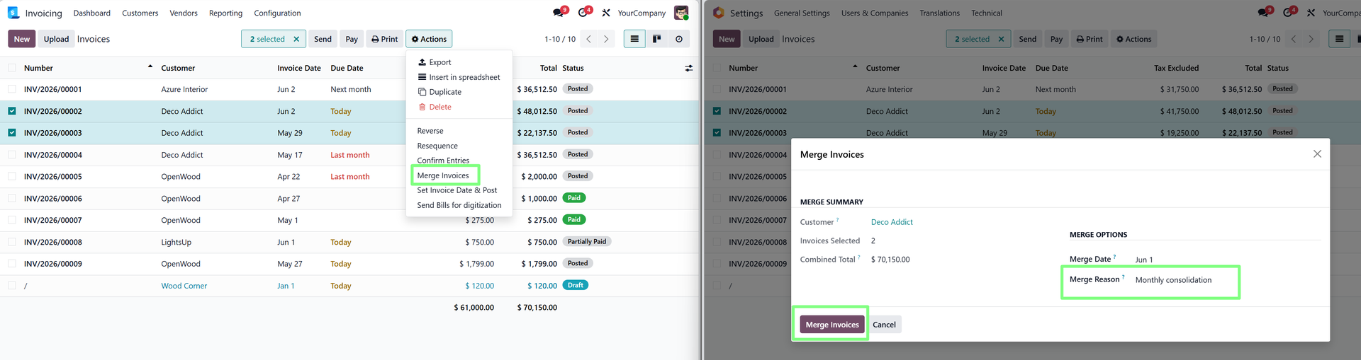 Merge Invoices wizard