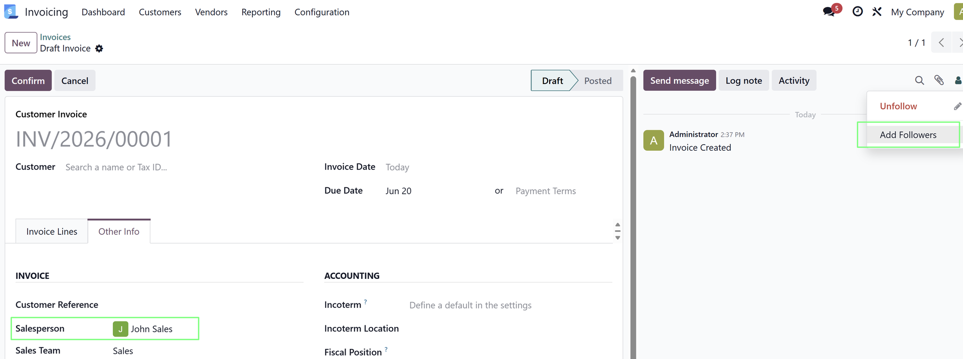 Create a customer invoice with a salesperson